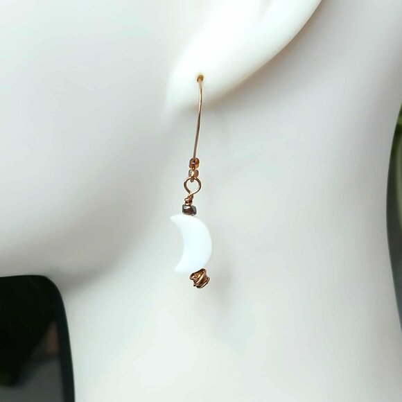 BOGO EARRINGS Crescent Moon Beaded Dangle Earrings, Hammered Copper 2" - Picture 1 of 6
